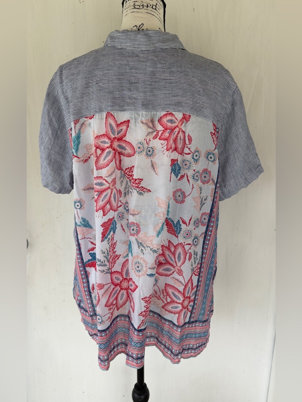 J. Jill Striped Front Shirt with Teal & Coral Patterned Back - Picture 3 of 9